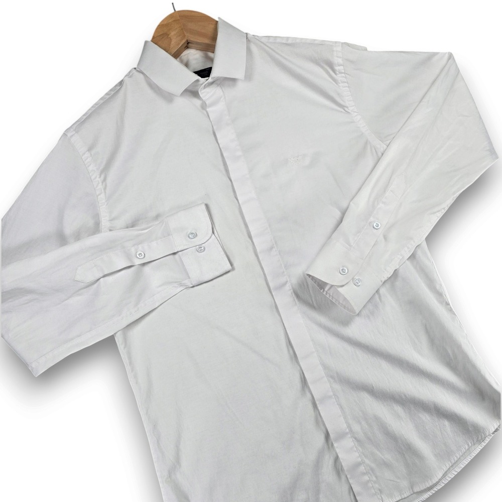 Armani Jeans Mens Size S White Cotton Blend Hidden Button Up Shirt Long Sleeve
